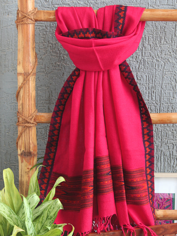 Fuscia Pink Woollen Handloom Kinnauri Stole with Geometric Border