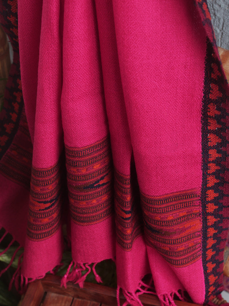 Fuscia Pink Woollen Handloom Kinnauri Stole with Geometric Border