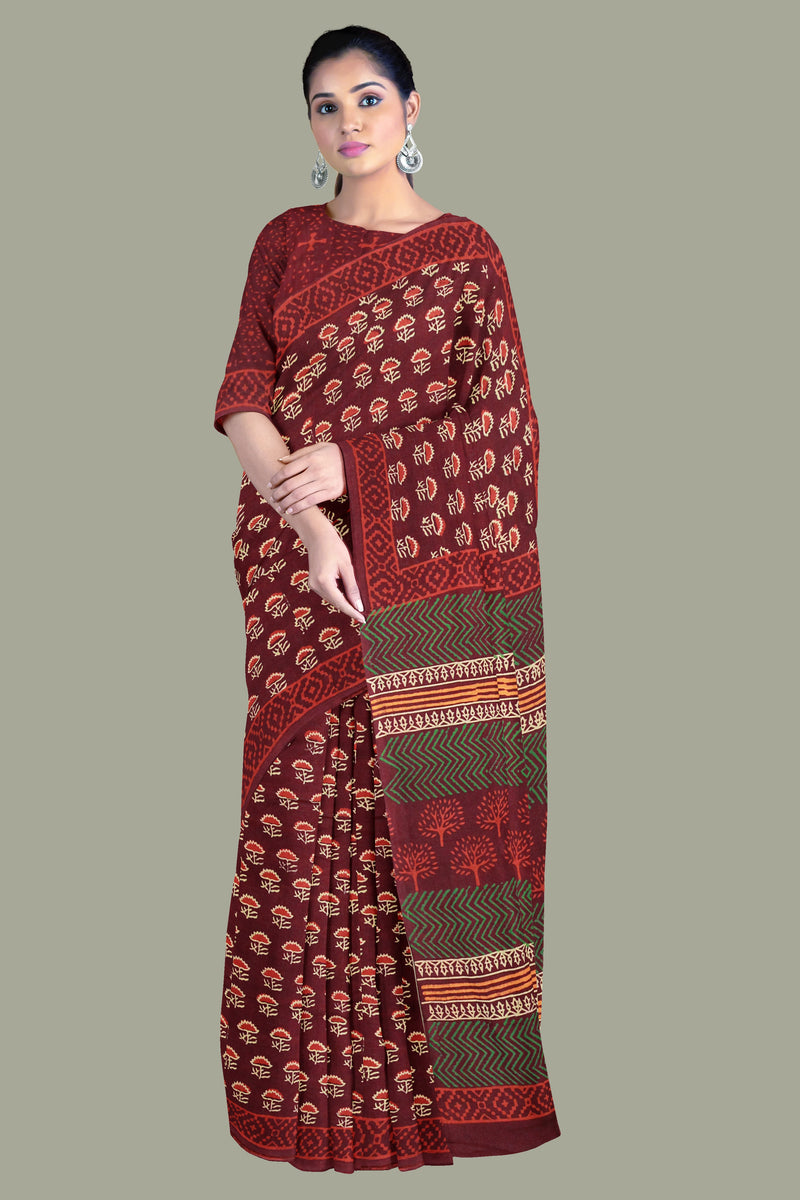 Maroon Hand Block Printed Mul Cotton Women's Saree with Blouse Piece