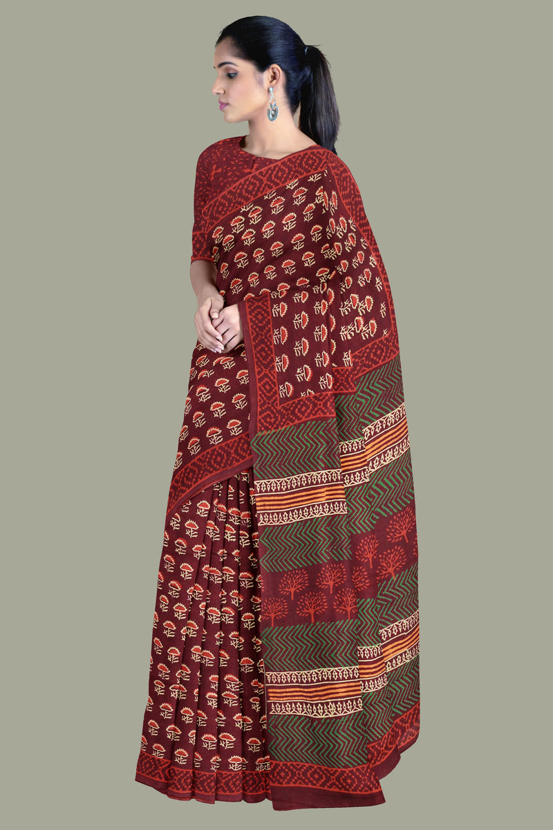 Maroon Hand Block Printed Mul Cotton Women's Saree with Blouse Piece