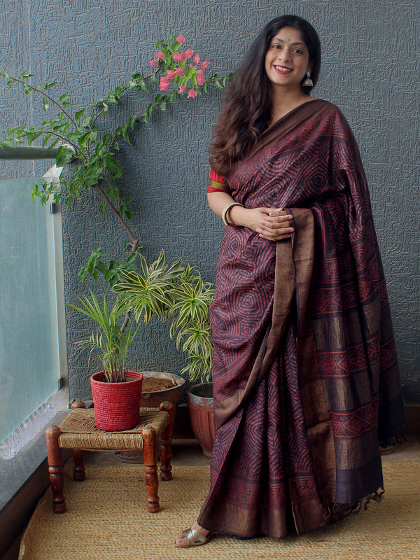 Maroon and Black Bagru Dabu Hand Block Printed Handloom Tussar Silk Saree