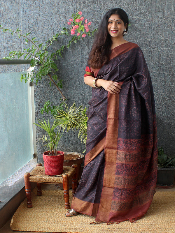 Maroon and Black Bagru Dabu Hand Block Printed Handloom Tussar Silk Saree