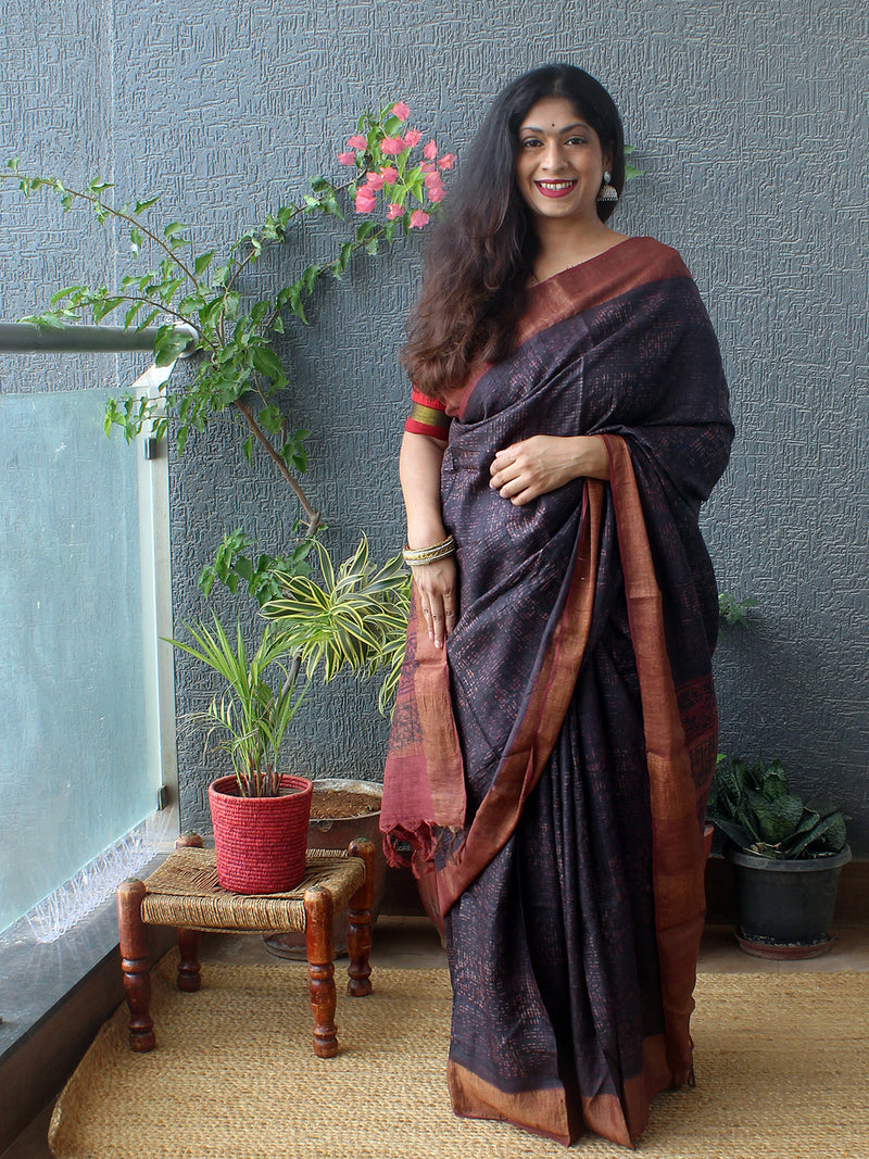 Maroon and Black Bagru Dabu Hand Block Printed Handloom Tussar Silk Saree