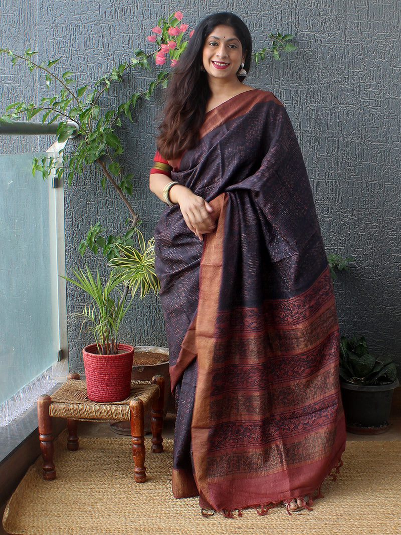 Maroon and Black Bagru Dabu Hand Block Printed Handloom Tussar Silk Saree