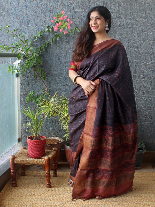 Maroon and Black Bagru Dabu Hand Block Printed Handloom Tussar Silk Saree