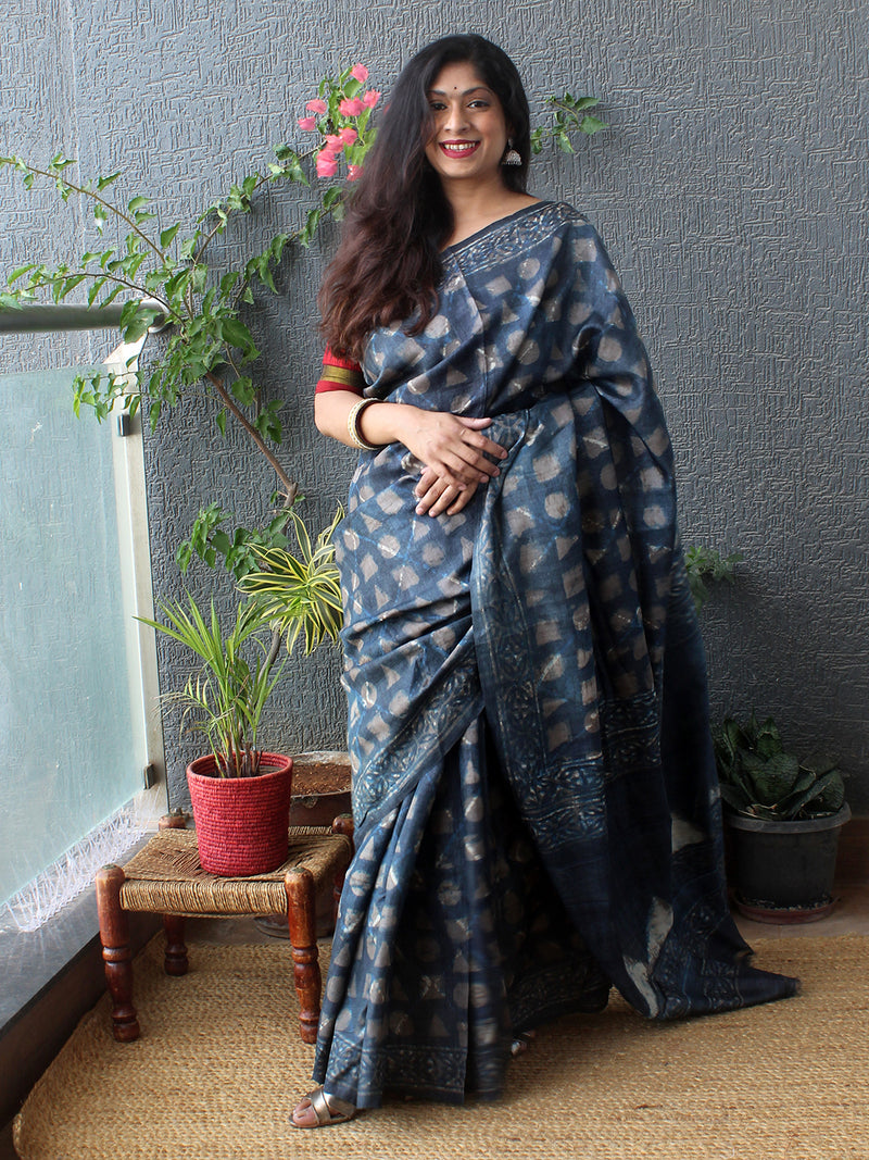 Indigo Bagru Dabu Hand Block Printed Handloom Tussar Silk Saree