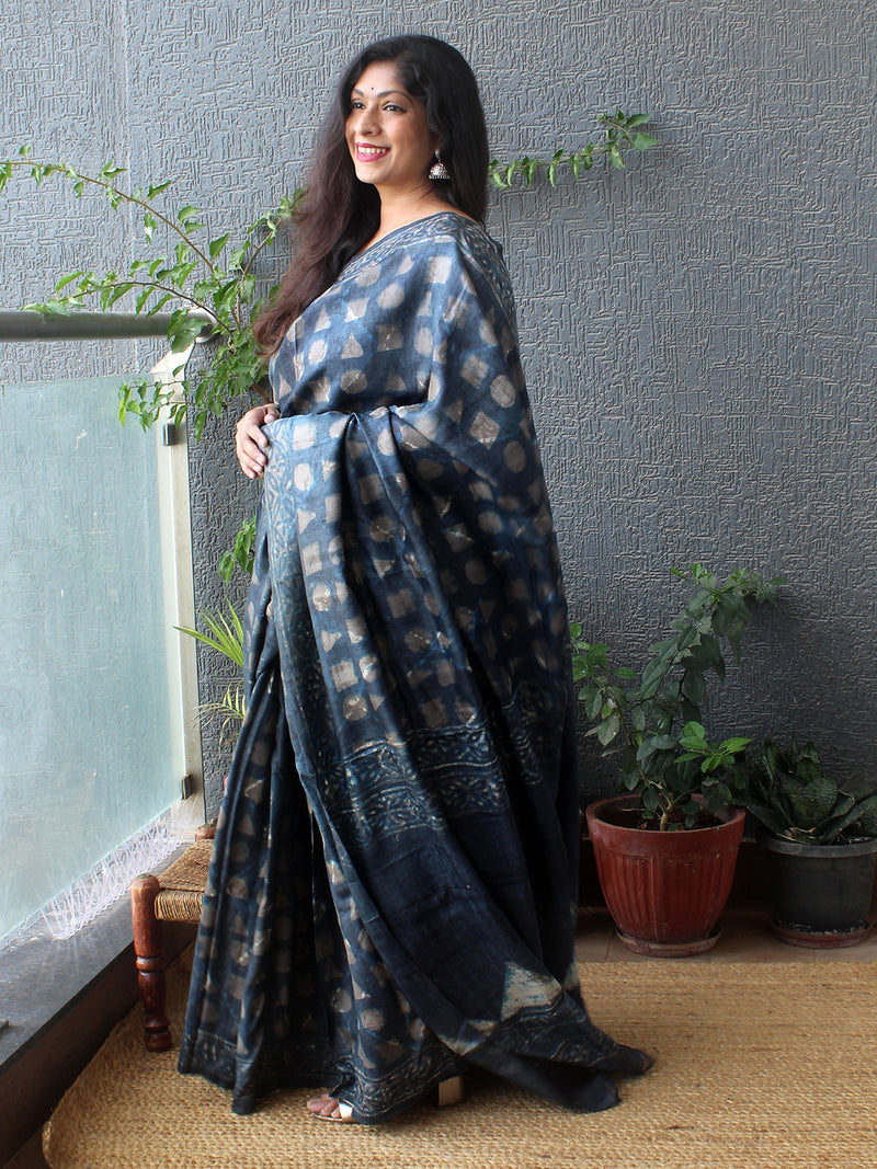 Indigo Bagru Dabu Hand Block Printed Handloom Tussar Silk Saree