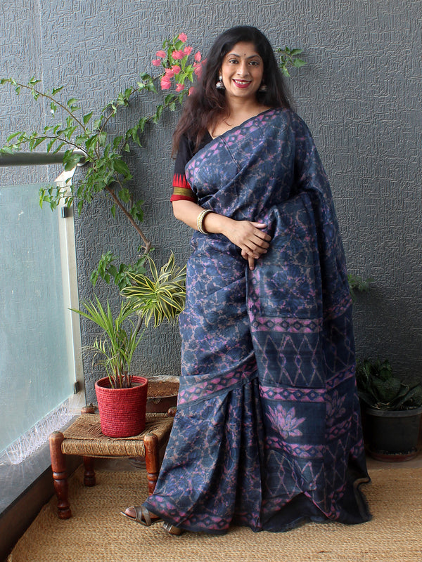 Indigo Bagru Dabu Hand Block Printed Handloom Tussar Silk Saree