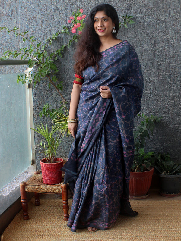 Indigo Bagru Dabu Hand Block Printed Handloom Tussar Silk Saree