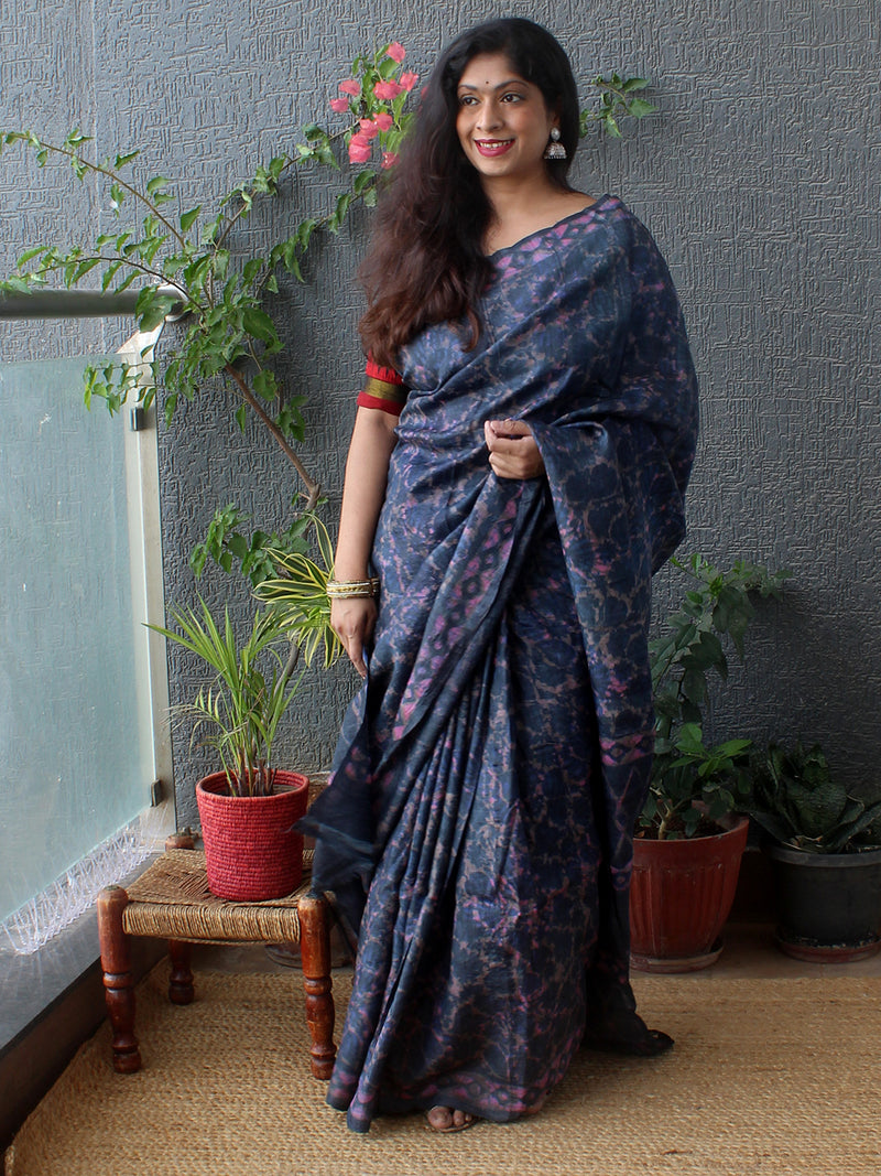 Indigo Bagru Dabu Hand Block Printed Handloom Tussar Silk Saree