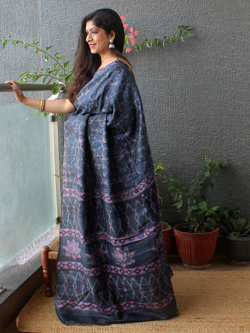 Indigo Bagru Dabu Hand Block Printed Handloom Tussar Silk Saree