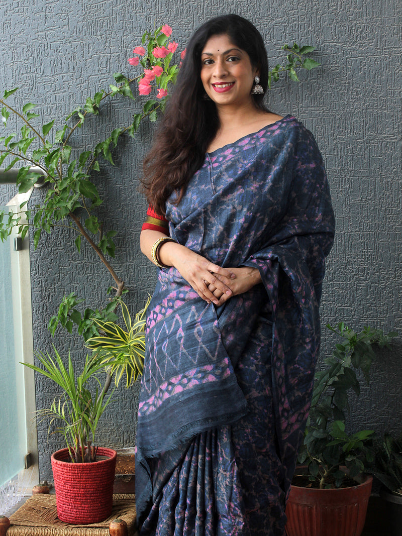 Indigo Bagru Dabu Hand Block Printed Handloom Tussar Silk Saree