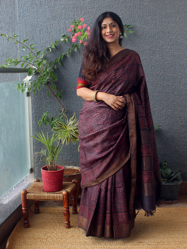 Maroon and Black Bagru Dabu Hand Block Printed Handloom Tussar Silk Saree