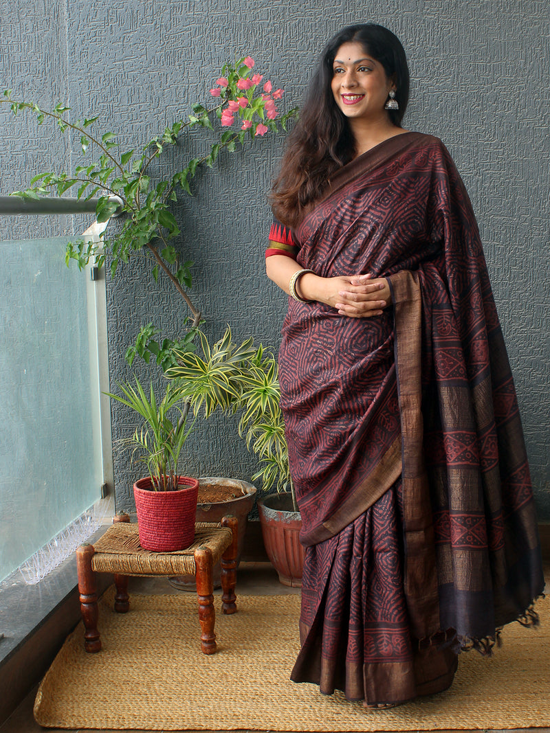 Maroon and Black Bagru Dabu Hand Block Printed Handloom Tussar Silk Saree