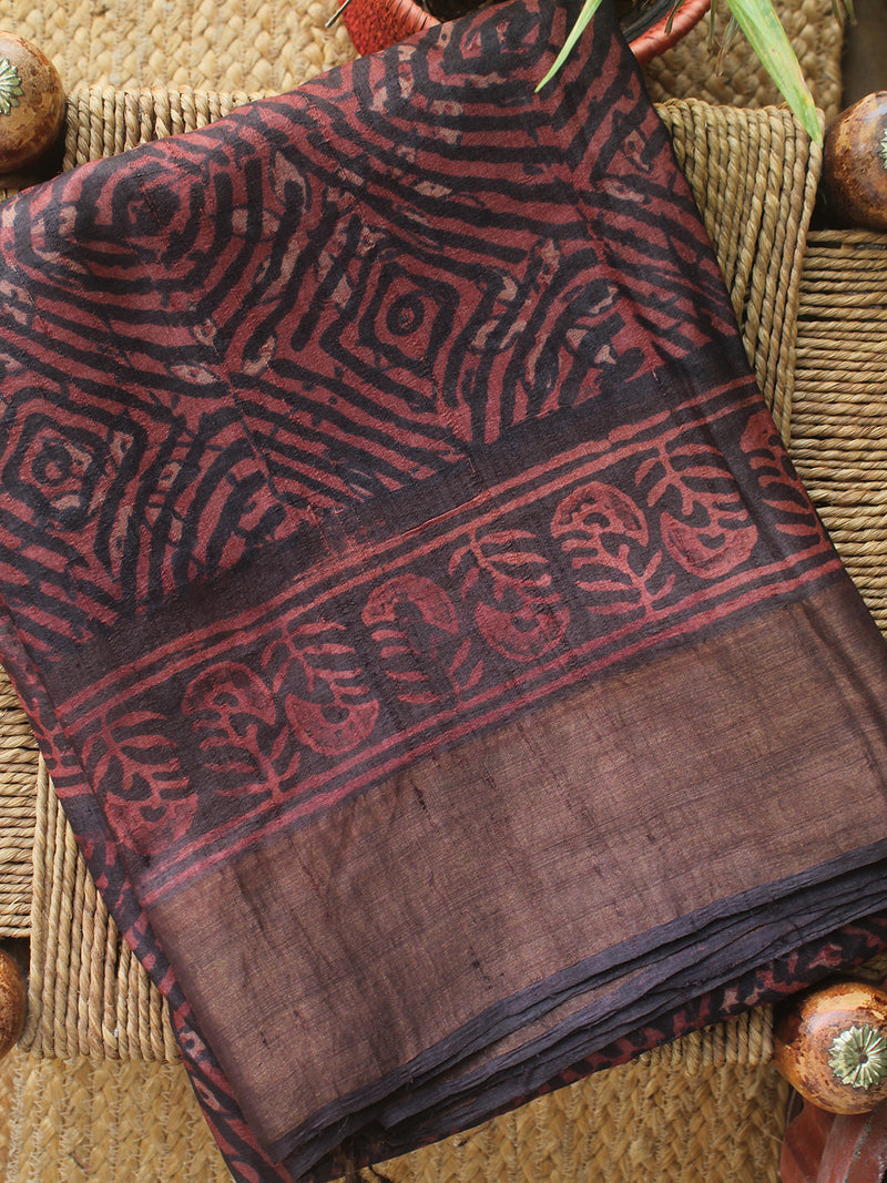 Maroon and Black Bagru Dabu Hand Block Printed Handloom Tussar Silk Saree