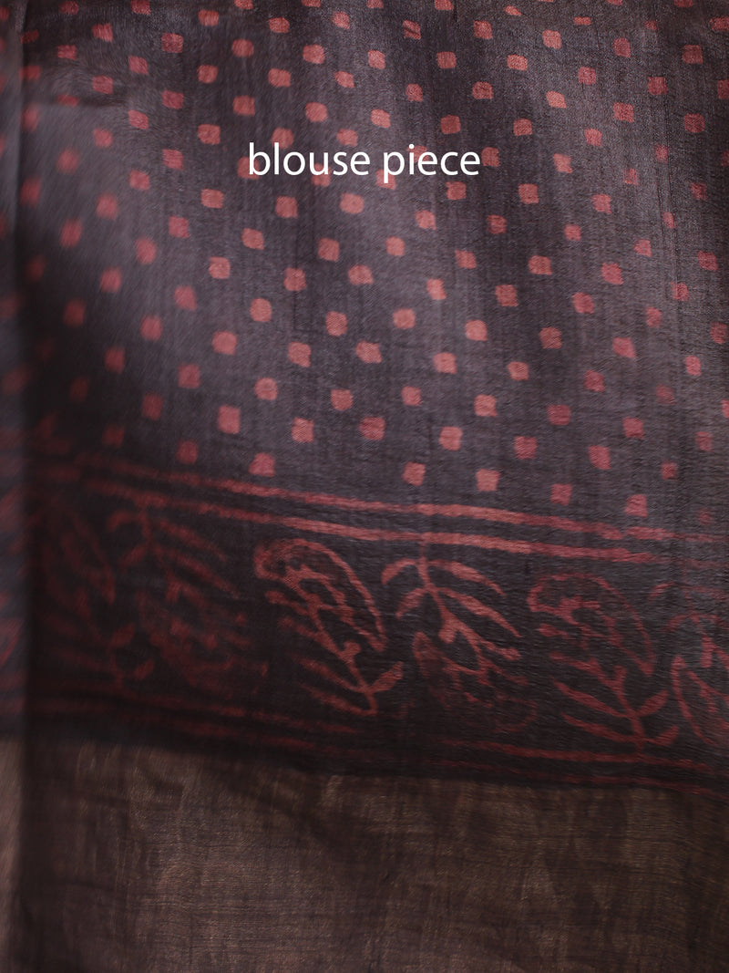 Maroon and Black Bagru Dabu Hand Block Printed Handloom Tussar Silk Saree