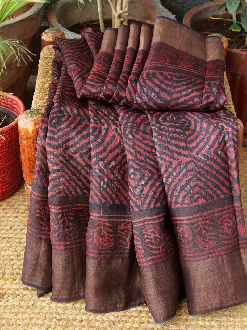 Maroon and Black Bagru Dabu Hand Block Printed Handloom Tussar Silk Saree