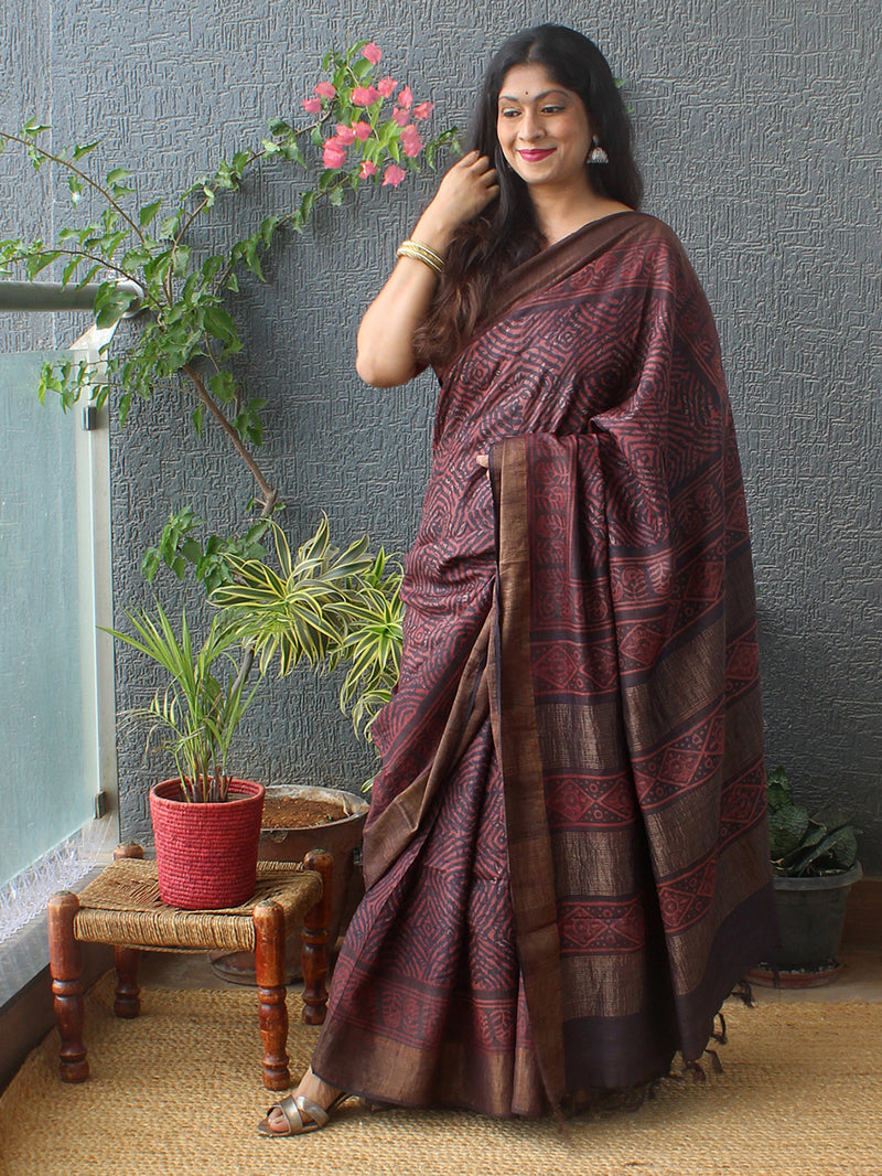 Maroon and Black Bagru Dabu Hand Block Printed Handloom Tussar Silk Saree