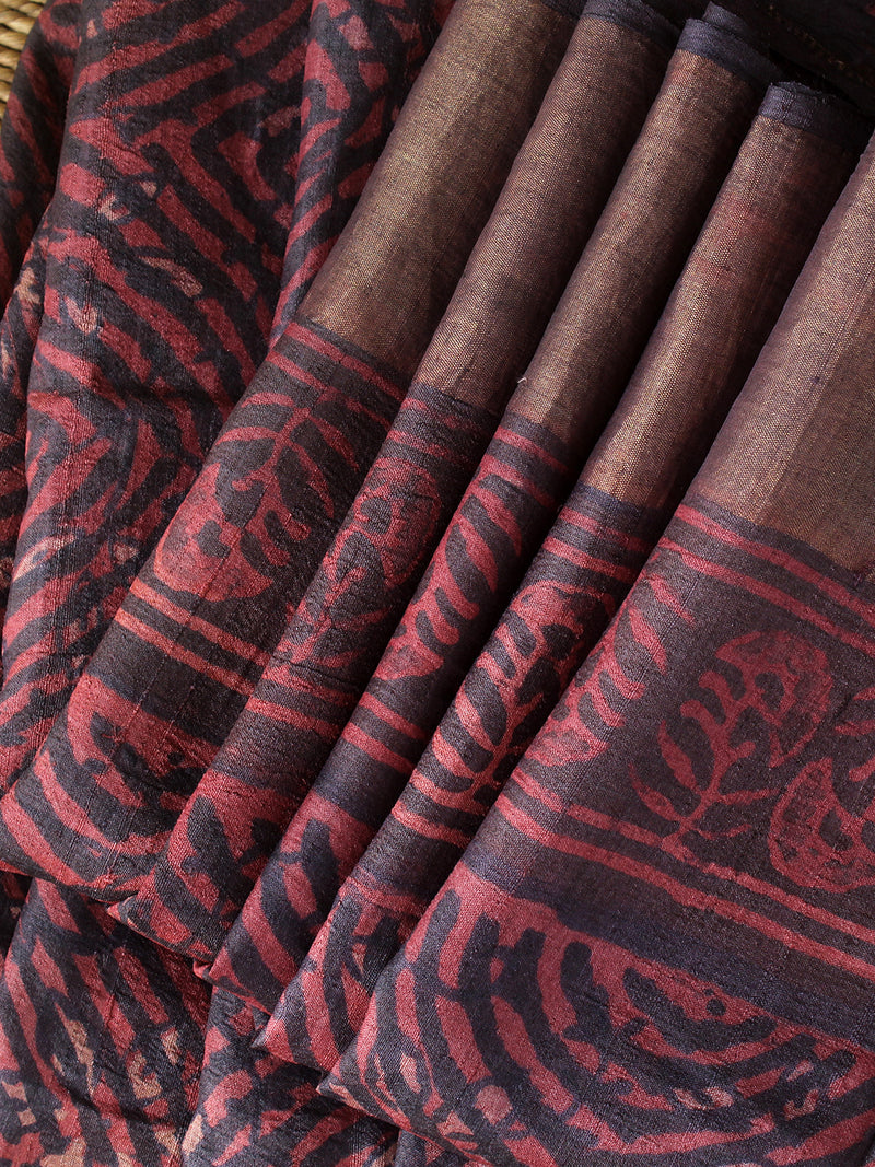 Maroon and Black Bagru Dabu Hand Block Printed Handloom Tussar Silk Saree