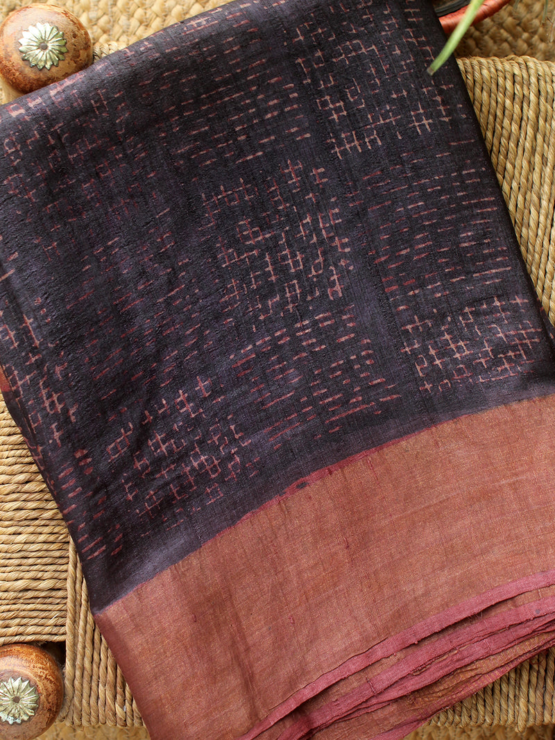 Maroon and Black Bagru Dabu Hand Block Printed Handloom Tussar Silk Saree