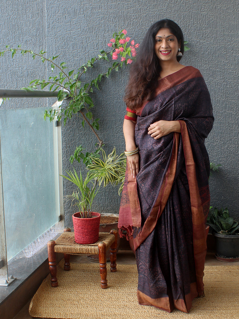 Maroon and Black Bagru Dabu Hand Block Printed Handloom Tussar Silk Saree