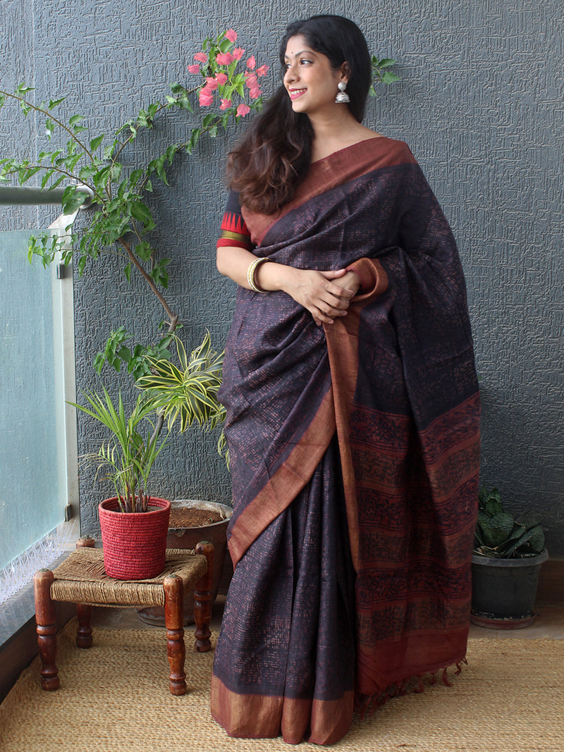 Maroon and Black Bagru Dabu Hand Block Printed Handloom Tussar Silk Saree