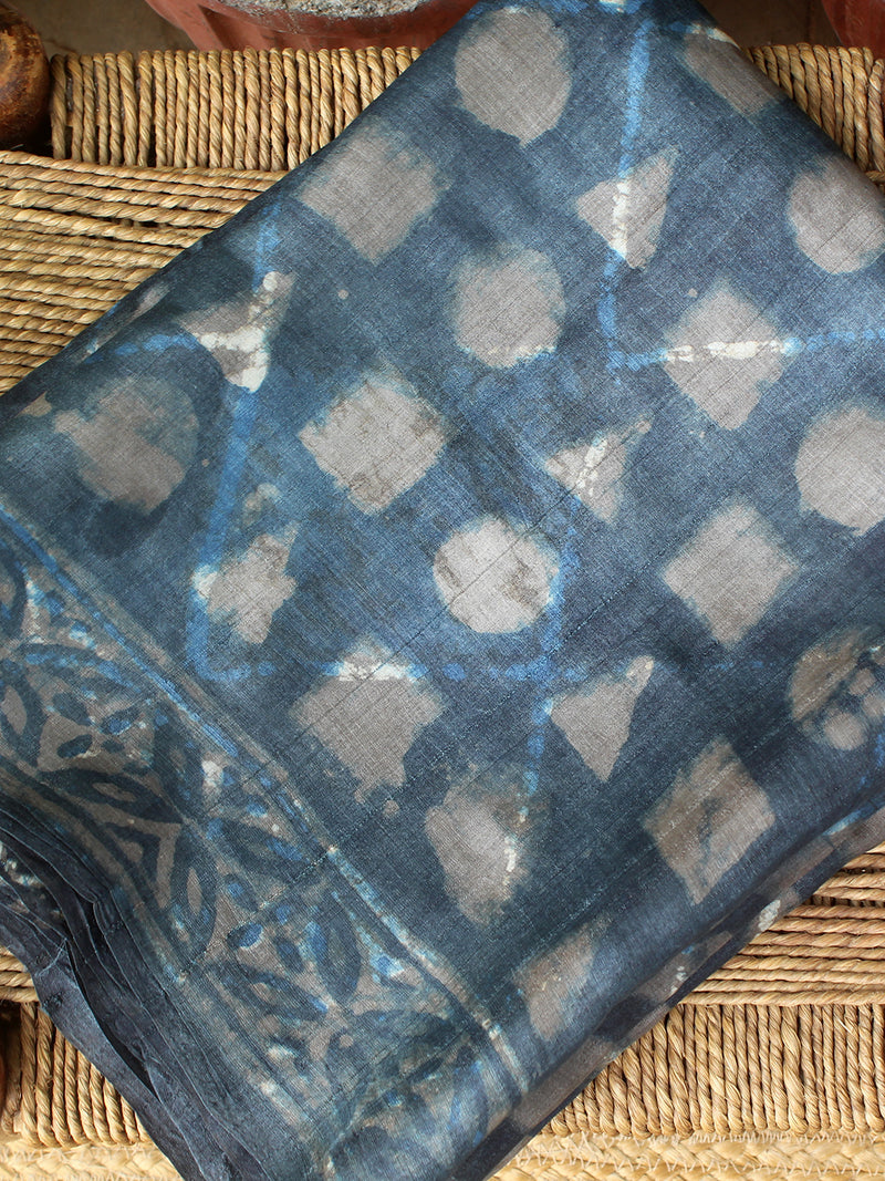 Indigo Bagru Dabu Hand Block Printed Handloom Tussar Silk Saree