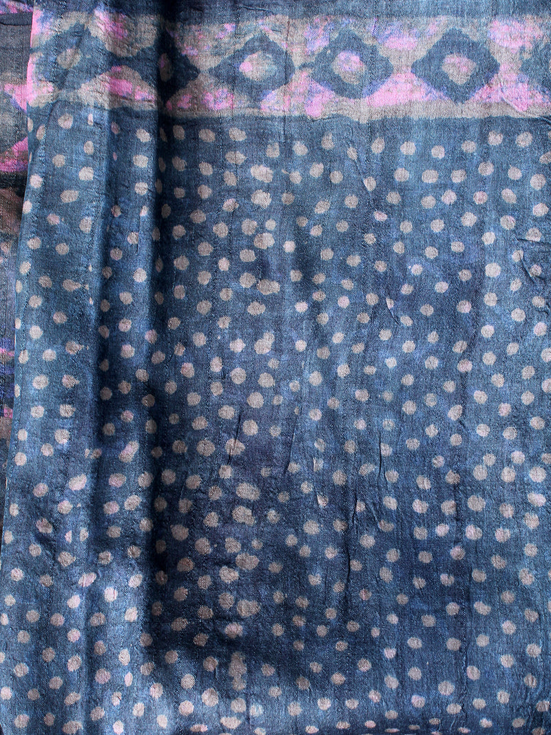 Indigo Bagru Dabu Hand Block Printed Handloom Tussar Silk Saree