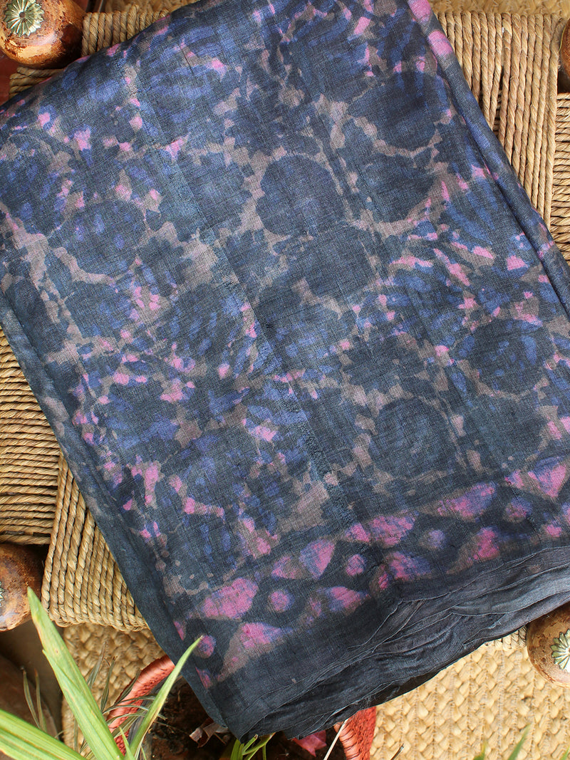 Indigo Bagru Dabu Hand Block Printed Handloom Tussar Silk Saree