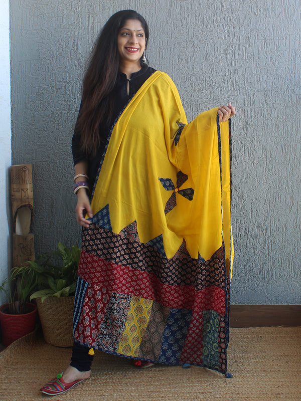 Applique Patchwork Cotton Ajrakh Dupatta with Mirror Work