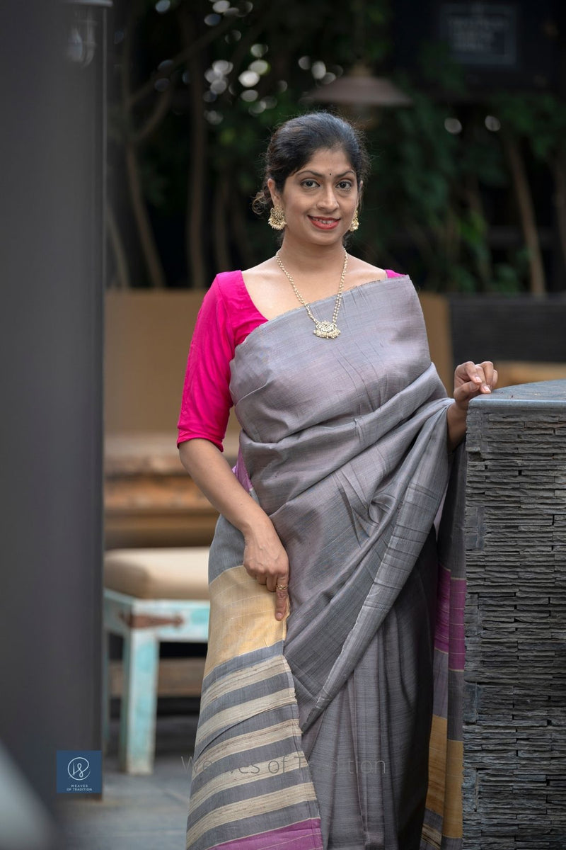 Grey Striped Tussar Silk Handwoven Saree