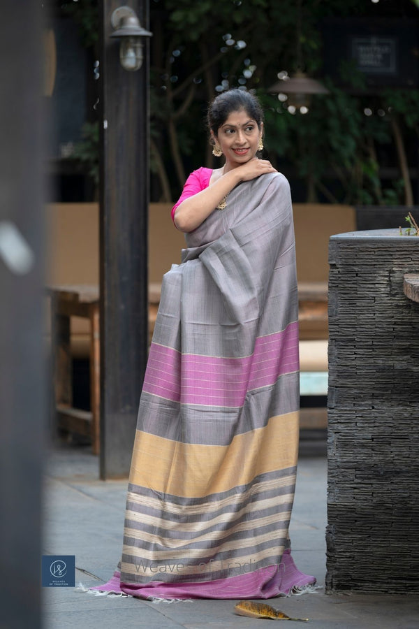 Grey Striped Tussar Silk Handwoven Saree