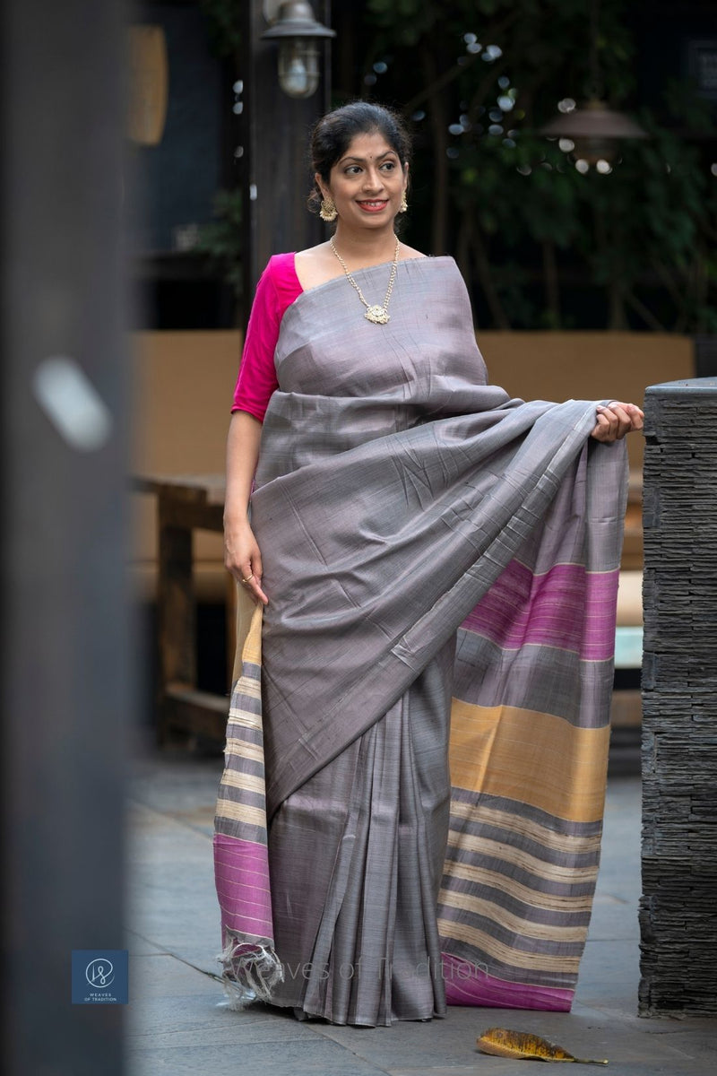 Grey Striped Tussar Silk Handwoven Saree