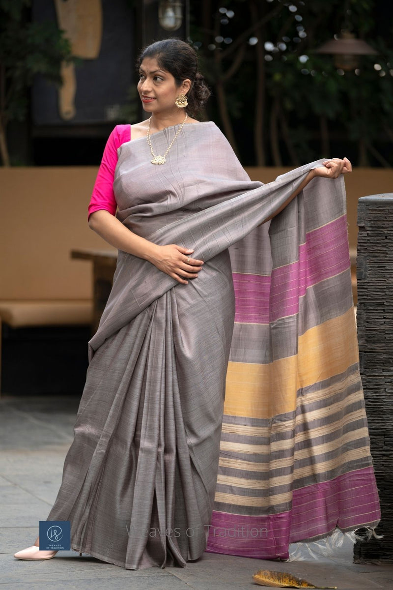 Grey Striped Tussar Silk Handwoven Saree