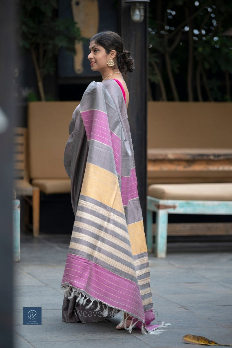 Grey Striped Tussar Silk Handwoven Saree