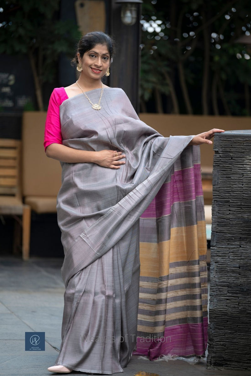 Grey Striped Tussar Silk Handwoven Saree