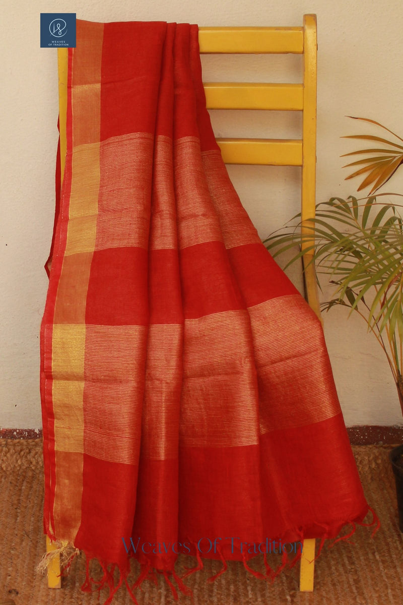 Red Handloom Linen Saree With Zari Border