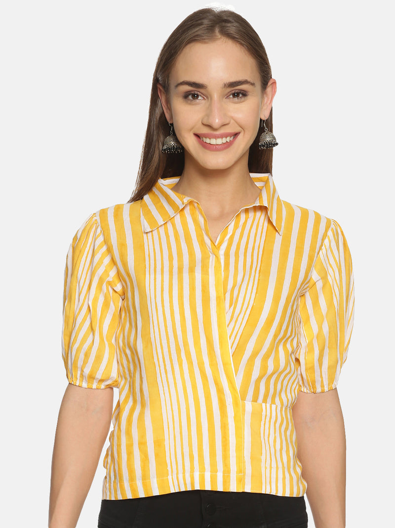 Yellow and White Stripes Hand Block Printed Cotton Cropped Wrap Around Shirt with Puffed Sleeves