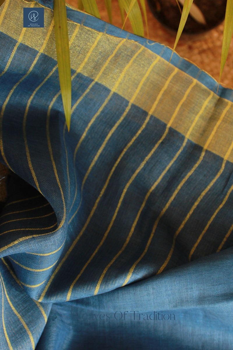 Blue Handloom Linen Saree With Zari Border