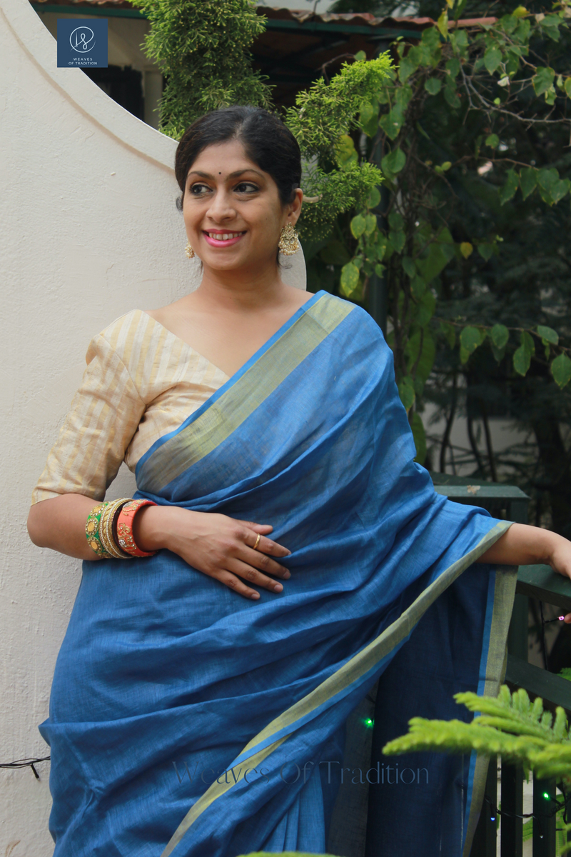 Blue Handloom Linen Saree With Zari Border