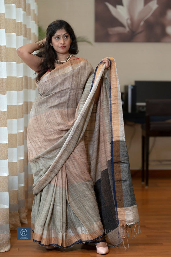 Multi-coloured Organic Tussar Silk Handspun and Handwoven Saree