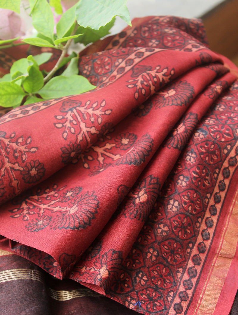 Chanderi Ajrakh Hand Block Printed Dupatta