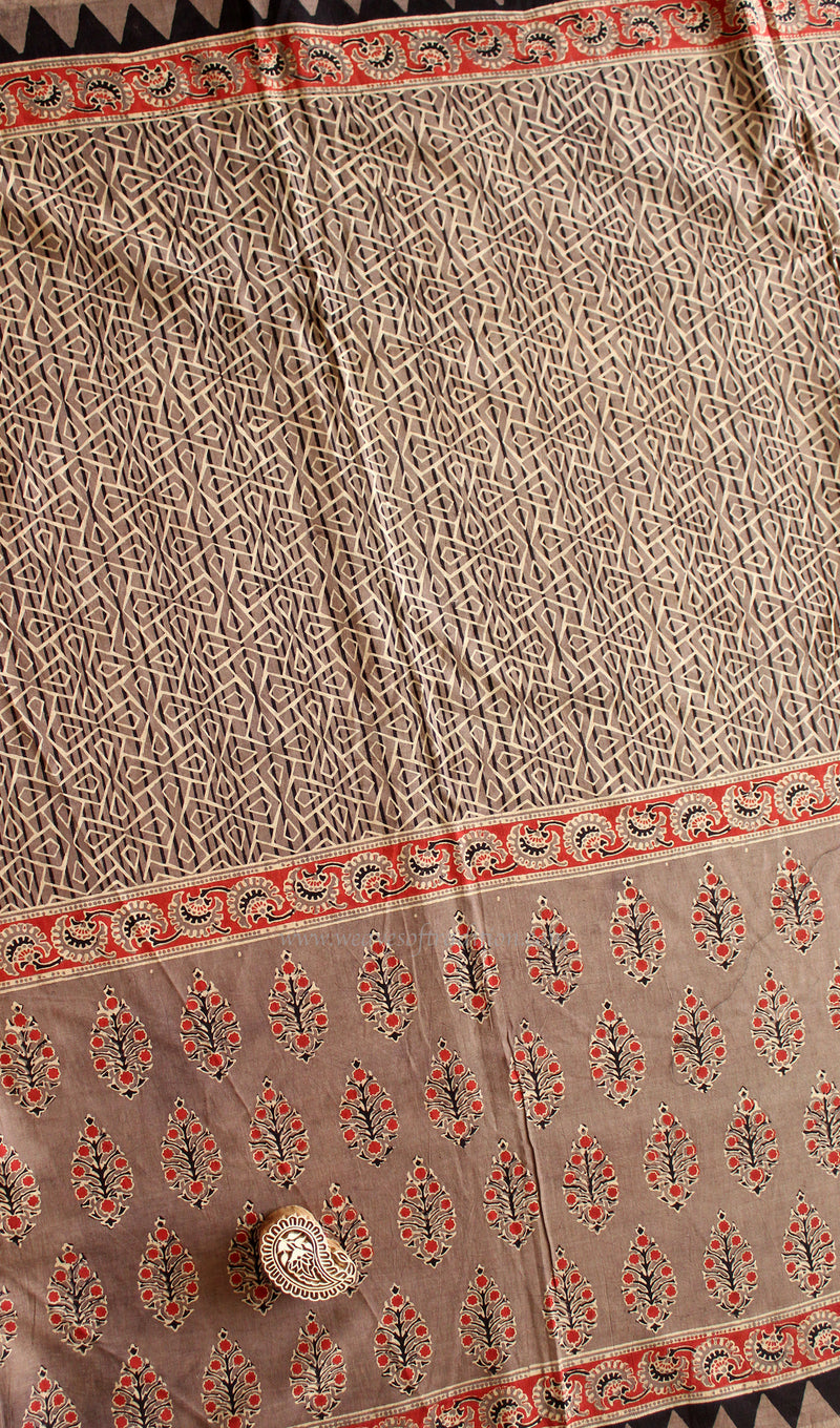 Brown Ajrakh Mul Mul Cotton Saree