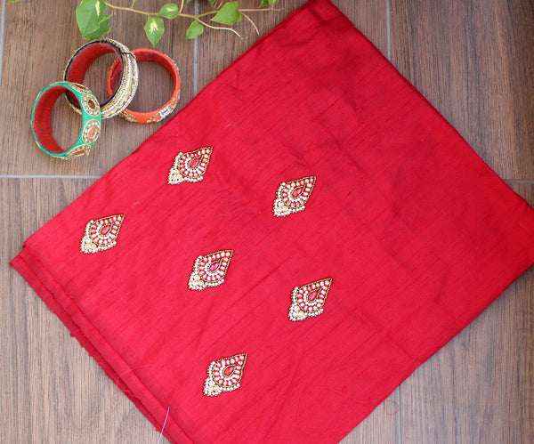 Red Hand Embroidered Raw Silk Blouse Piece