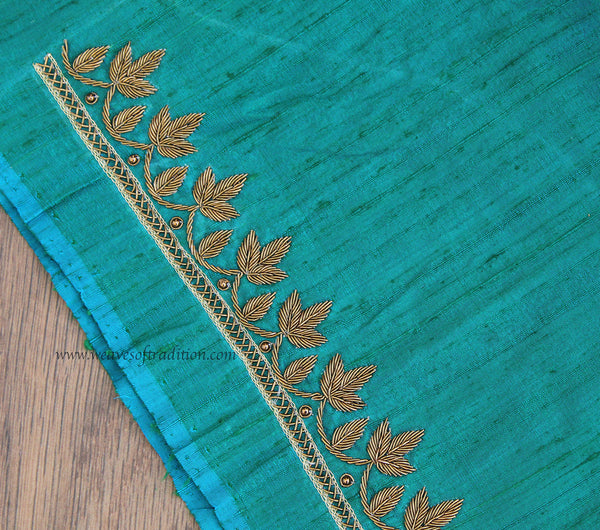 Teal Hand Embroidered Raw Silk Blouse Piece