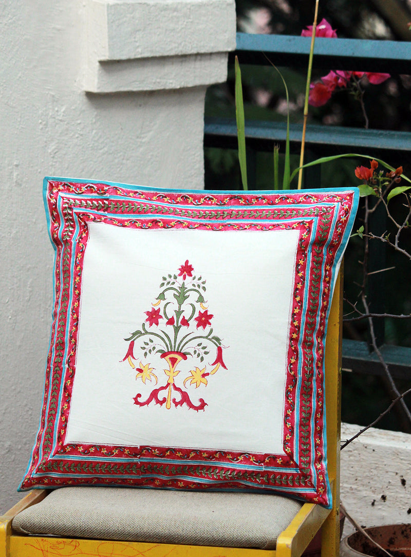 White Hand Block Printed Cushion Cover (18 inches x 18 inches)