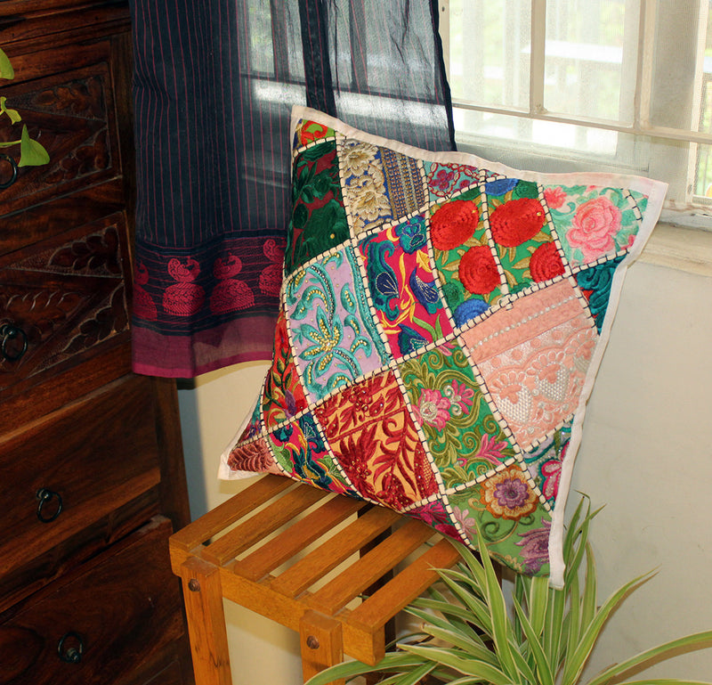 Multicoloured Embroidered Patchwork Cushion Cover