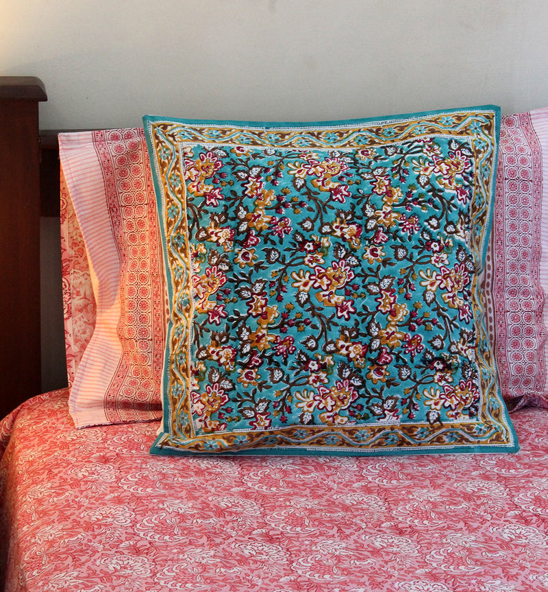 Sea Green Hand Block Printed Cushion Cover (18 inches x 18 inches)