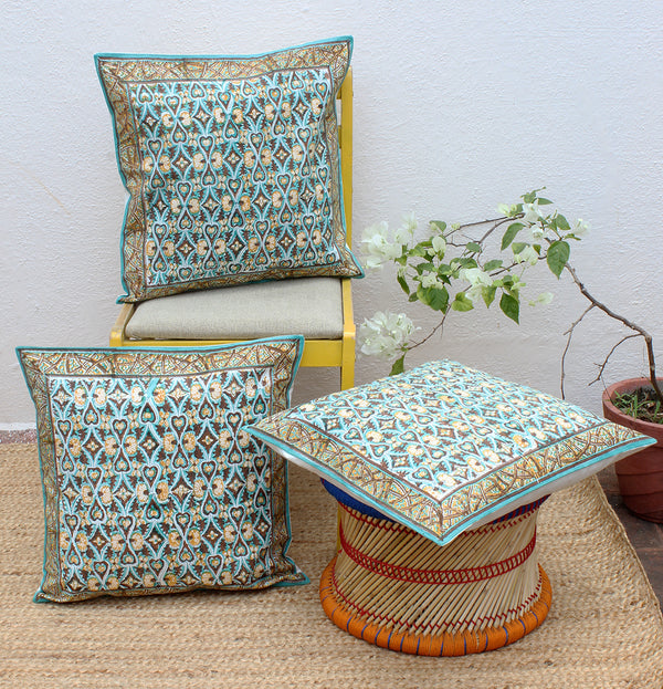 Sea Green and Brown Hand Block Printed Cushion Cover (18 inches x 18 inches)