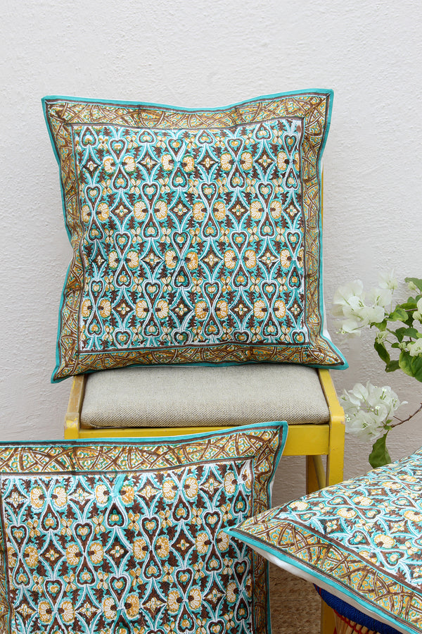 Sea Green and Brown Hand Block Printed Cushion Cover (18 inches x 18 inches)